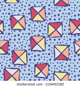 Seamless color editable pattern. Careless squares divided by diagonals are located on a background of placers of five-pointed stars of different sizes.