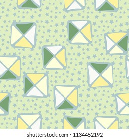 Seamless color editable pattern. Careless squares divided by diagonals are located on a background of placers of five-pointed stars of different sizes.