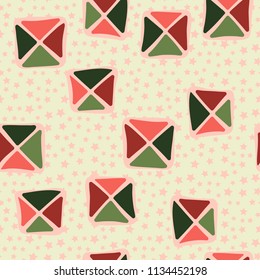 Seamless color editable pattern. Careless squares divided by diagonals are located on a background of placers of five-pointed stars of different sizes.