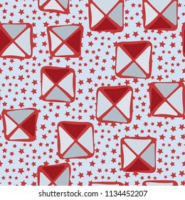 Seamless color editable pattern. Careless squares divided by diagonals are located on a background of placers of five-pointed stars of different sizes.