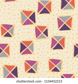 Seamless color editable pattern. Careless squares divided by diagonals are located on a background of placers of five-pointed stars of different sizes.