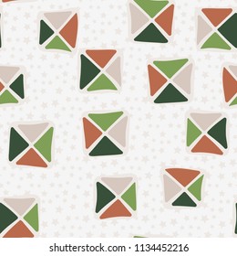 Seamless color editable pattern. Careless squares divided by diagonals are located on a background of placers of five-pointed stars of different sizes.