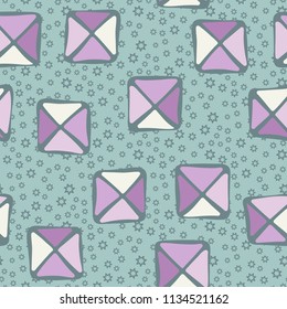 Seamless color editable pattern. Careless squares divided by diagonals are located against a background of scattered contour seven-pointed stars of different sizes.