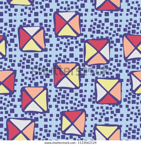 Seamless color editable pattern. Careless squares\
divided by diagonals are located on a background of scattered\
rounded squares of different\
sizes.