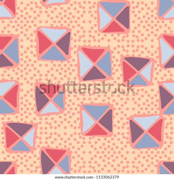 Seamless color editable pattern. Careless squares\
divided by diagonals are located against a background of placer\
identical small round\
spots.