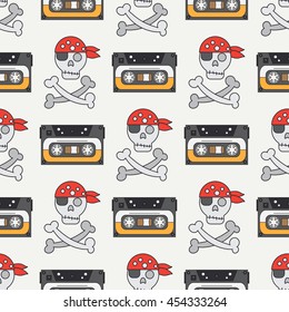 Seamless color flat line pattern with pirate audio logo. Jolly Roger. Vector illustration. Elements for design. Skull , crossbones. Graphic texture for design , wallpaper. Piratical. Audiocassette.