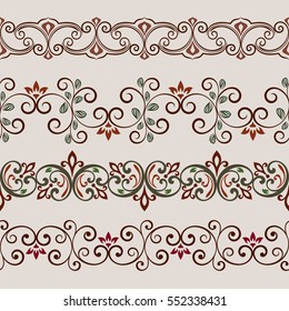 Seamless color floral border vector template. Flower ornament repeating divider.