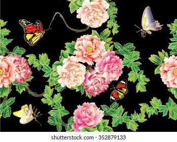 Seamless color flowers pattern on beige background with butterfly, vector illustration,Seamless vector vintage pattern with background. Peonies, roses, sweet peas, bell. Monochrome.