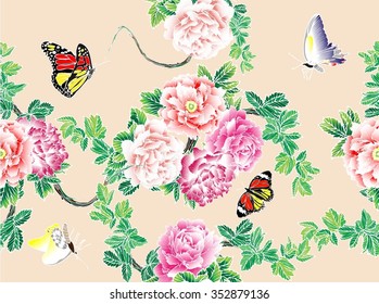 Seamless color flowers pattern on beige background with butterfly, vector illustration,Seamless vector vintage pattern with background. Peonies, roses, sweet peas, bell. Monochrome.