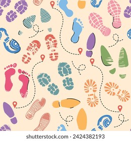 Seamless color footprints pattern. Repeated soles of shoes. Bare feet steps. Footwear prints. Track tags. Trajectory marks. Way route location pins. Boots imprint. Recent