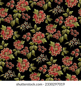  seamless  color full  flower leaf  print  bunch pattern blackbackground design