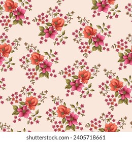  seamless  color full flower leaf bunch pattern cream background design