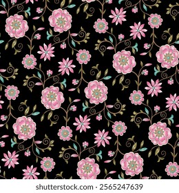  seamless color full   flower leaf  bunch pattern black background design