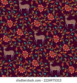 seamless  color full  Kalamkari  flower leaf pattern  with animal background design