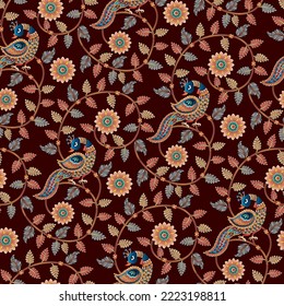 seamless  color full  Kalamkari peacock with leaf pattern  background design