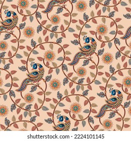 nahtlose Farbe voller Kalamkari Pfau mit Blattmuster-Hintergrund-Design