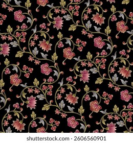 seamless color full paisley  flower leaf pattern black background design