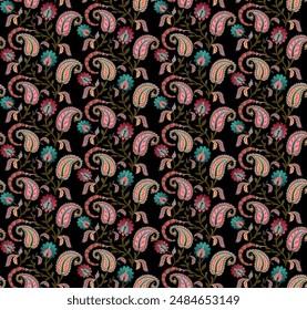 seamless  color full paisley motif print  bunch pattern black background design