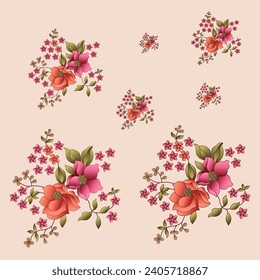  seamless  color full  small flower leaf bunch motif cream background design