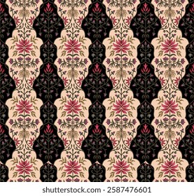  seamless color full traditional  Mughal motif flower leaf ajrakh print ornament bunch pattern cream background design