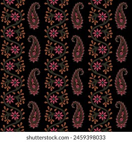  seamless  color full  traditional  paisley  flower leaf bunch pattern black background design