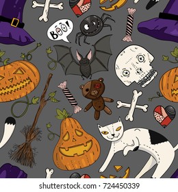 Seamless color halloween pattern with cat, teddy bear, pumpkin, candy, bones, skull, heart, hat and broom in cartoon style. Vector illustration.