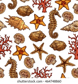 Seamless Color Hand Drawn Sea Pattern With Shells, Sea Horse, Starfish And Corals. Summer Background