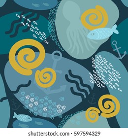 Seamless color marine underwater pattern with pebbles, anchor, fish, shell, octopus, ripples and abstract elements. Vector graphic, background, design for wallpaper.