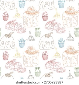 Seamless color outline pattern with Christmas and New Year desserts. Pie, cupcake, roll, candy. repeating texture in the form of lines is used to color festive backgrounds, textiles, festive packaging