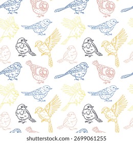 Seamless color outline pattern with hand-drawn small birds in pastel colors. Birds in different poses. Flying, standing. Repetitive texture with sparrows and tits for fabric, textile, packaging design