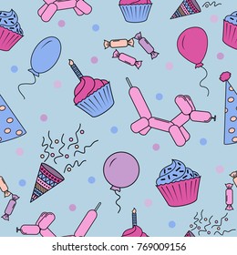 Seamless color pattern with amusing hand-drawn pictures for a birthday party.