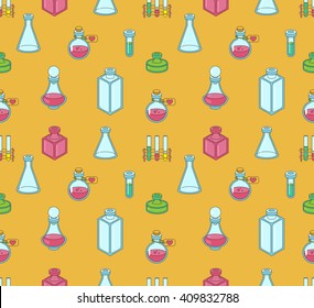 Seamless color pattern with apothecary and medical beakers, laboratory flasks