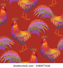 Seamless color pattern with beautiful bright roosters. Vector print for wallpaper, fabric design.