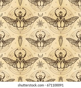 Seamless color pattern: bug Goliath,  larva, sacred geometry. Alchemical circle of transformations. A background - imitation of old paper. Vector illustration.