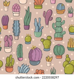 Seamless color pattern of cacti and succulents. Beautiful design. For flower and plant shop, garden, seeds, children's illustration. Vector illustration.