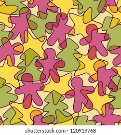 Seamless color pattern with christmas trees, little men and stars. Vector illustration