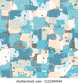 A seamless color pattern composed of torn spots. Texture in camouflage style. Fashionable wallpaper. Concentric rounded squares forming a chess network.