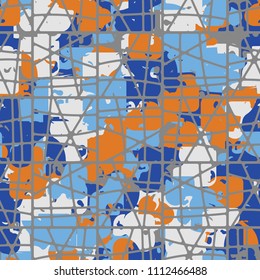 A seamless color pattern composed of torn spots. Texture in camouflage style. Fashionable wallpaper. A grid consisting of chopped squares.