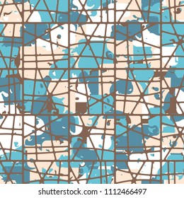 A seamless color pattern composed of torn spots. Texture in camouflage style. Fashionable wallpaper. A grid consisting of chopped squares.