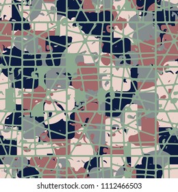 A seamless color pattern composed of torn spots. Texture in camouflage style. Fashionable wallpaper. A grid consisting of chopped squares.