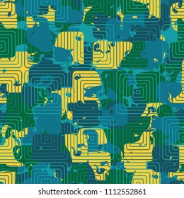 A seamless color pattern composed of torn spots. Texture in camouflage style. Fashionable wallpaper. Concentric rounded squares forming a chess network.