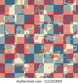 A seamless color pattern composed of torn spots. Texture in camouflage style. Fashionable wallpaper. Chess network formed by squares consisting of horizontal and vertical segments.