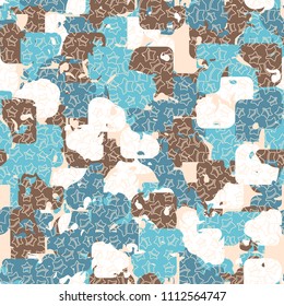 A seamless color pattern composed of torn spots. Texture in camouflage style. Fashionable wallpaper. Contour stars are divided in half, scattered across the field.