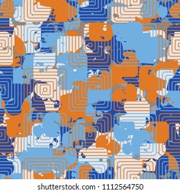 A seamless color pattern composed of torn spots. Texture in camouflage style. Fashionable wallpaper. Concentric rounded squares forming a chess network.