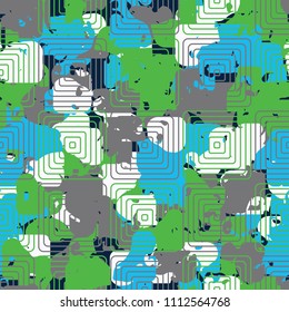 A seamless color pattern composed of torn spots. Texture in camouflage style. Fashionable wallpaper. Concentric rounded squares forming a chess network.