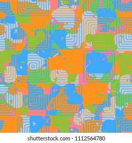 A seamless color pattern composed of torn spots. Texture in camouflage style. Fashionable wallpaper. Concentric rounded squares forming a chess network.