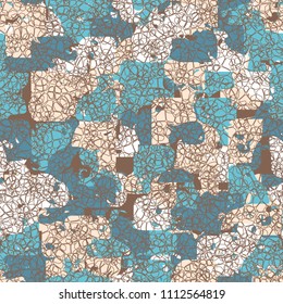 A seamless color pattern composed of torn spots. Texture in camouflage style. Fashionable wallpaper. A dense network formed by thin lines.