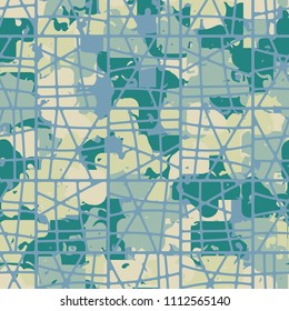 A seamless color pattern composed of torn spots. Texture in camouflage style. Fashionable wallpaper. A grid consisting of chopped squares.