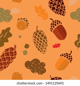 Seamless color pattern with cones, acorns and autumn leaves hand-drawn. Autumn theme for invitations, background, print on fabrics and Wallpaper. Cute flat vector illustration