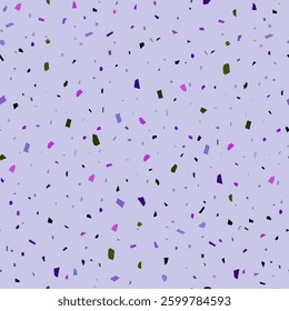 Seamless color pattern with confetti in the form of small multi-colored figures on a purple background. Vector illustration for the design of prints for interior design, packaging, covers